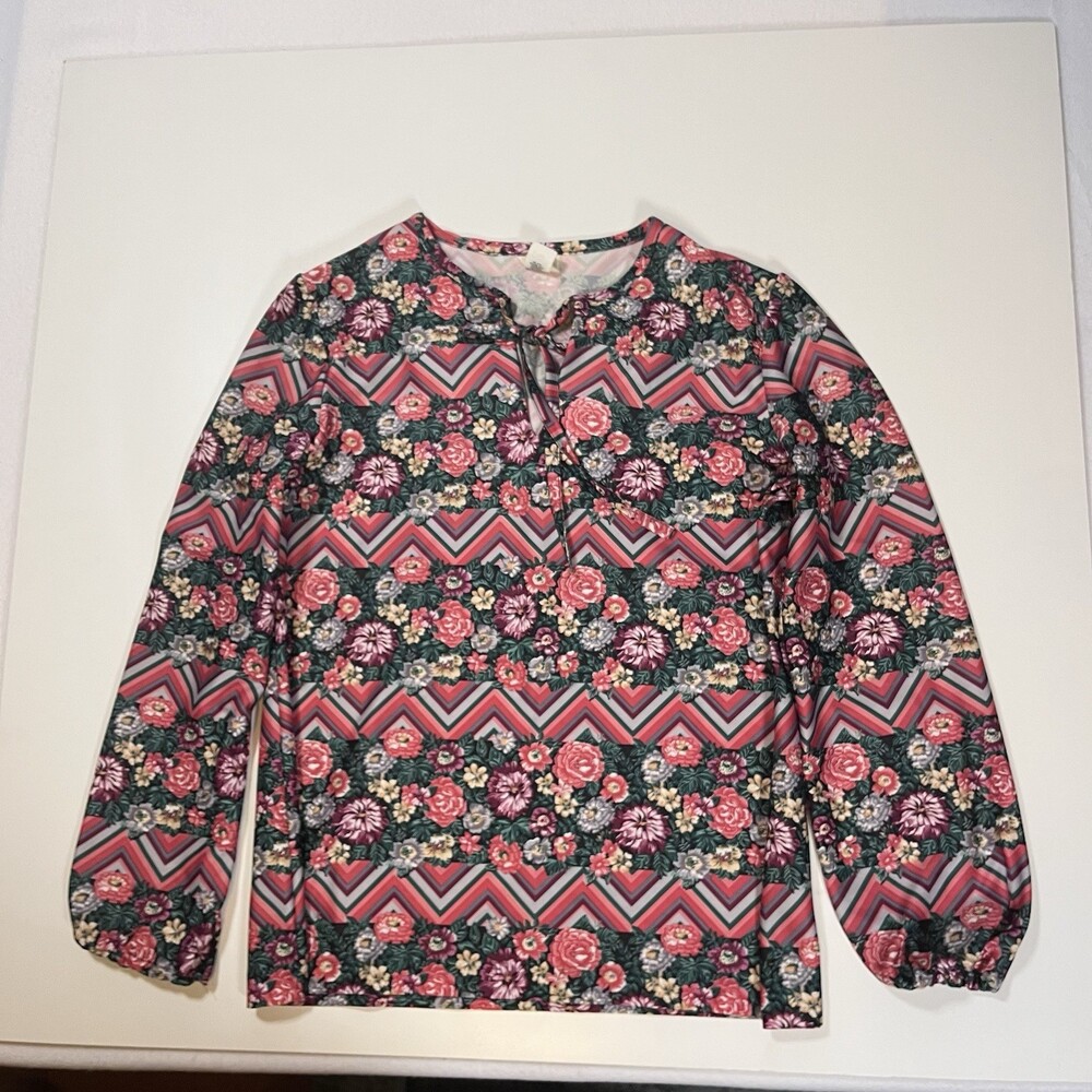 Vintage 60s 70s Disco Top Blouse Floral Chevron Keyhole Tie Beeline Fashions